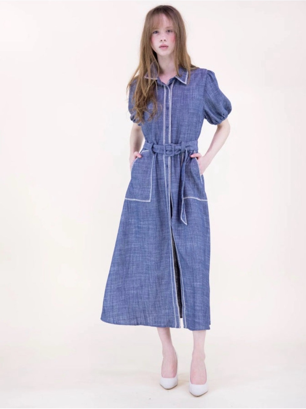 NWT Contrast Stitch Navy Belted Button-Front Maxi Dress